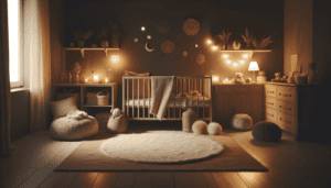 תמונה המראה חדר תינוק בערב, עם תאורה רכה ומרגיעה